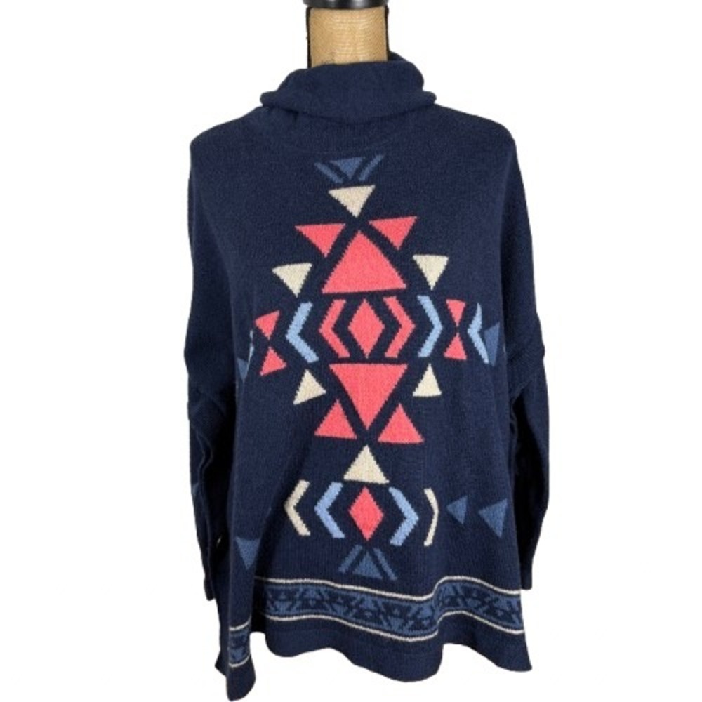 J. Jill Blue Intarsia Knit Southwestern Cowl Neck Poncho Sweater Slouchy Small